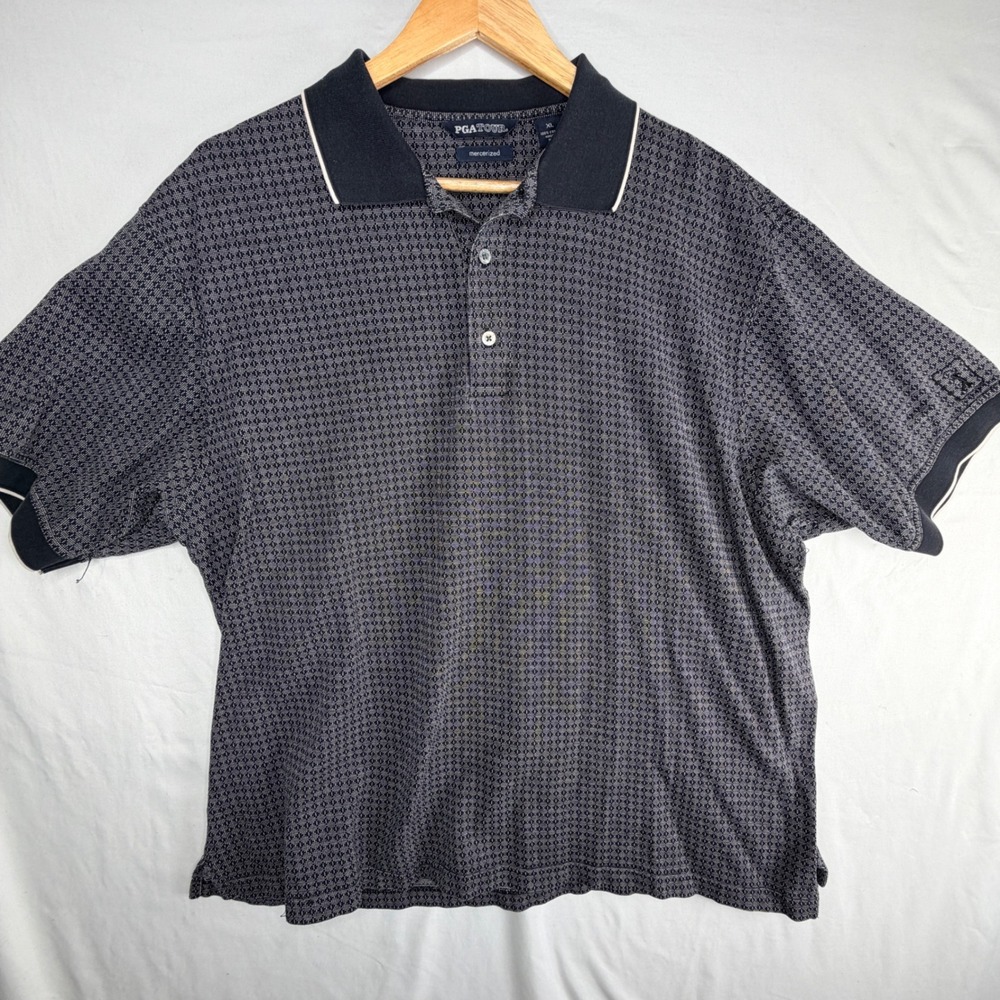 PGA Tour Mens XL Mercerized Cotton Polo Shirt Black White Geometric Golf Top